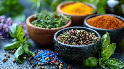 An array of dried spices and fresh herbs displayed in rustic bowls creates an inviting, aromatic scene.