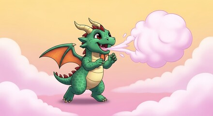 Fototapeta premium Cute Green Dragon Breathing Pink Cloud Cartoon Character Illustration