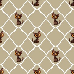 cute seamless pattern, black cat with orange eyes and fangs and abstract patterns on beige background