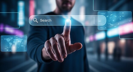 Man Tapping Search Bar on Virtual Interface Exploring Digital World and Modern Technology