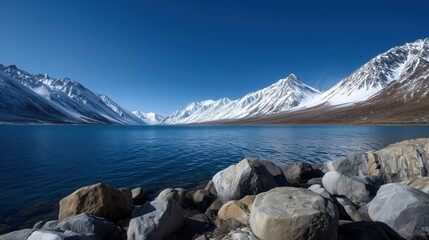 Tranquil Mountain Lake With Clear Reflections and Rocky Shoreline in Winter