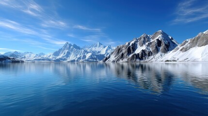 Expansive Frozen Lake Surrounded by Jagged Snowy Peaks Under Clear Blue Skies
