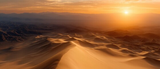 Vast Golden Desert Landscape Illuminated by Sunrise and Rolling Sand Dunes