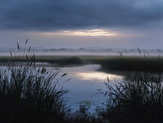 Tranquil Wetland at Dawn With Mist Rising From Still Water and Grassy Reeds