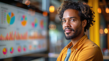 Confident businessman in office setting with data display, showcasing his analytical skills and leadership.