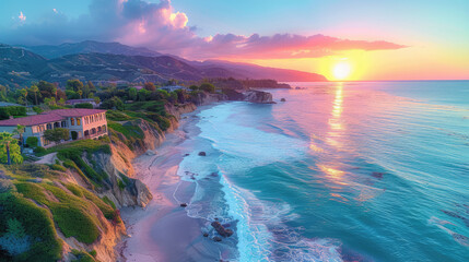 Coastal mansion at sunset, waves crash on shore, mountains in distance, vibrant sky colors. Serene ocean view.