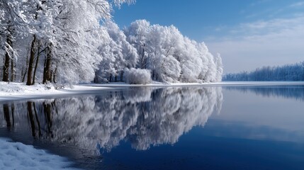 Crisp Winter Morning Scene with Snow-Covered Trees Reflected in Still Water Under Clear Sky
