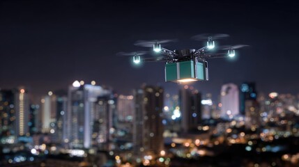 Innovative Drone Delivery System Over Urban Landscape at Night with City Lights in Background
