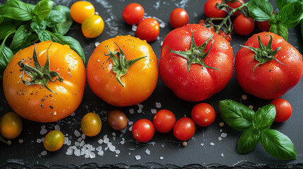 A vibrant assortment of ripe tomatoes, basil, and sea salt create a delightful culinary arrangement.