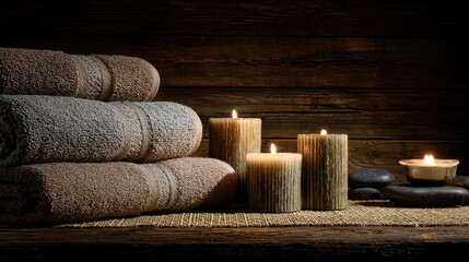 Cozy Spa Setup with Soft Towels, Warm Candles, and Smooth Stones for a Relaxing Atmosphere