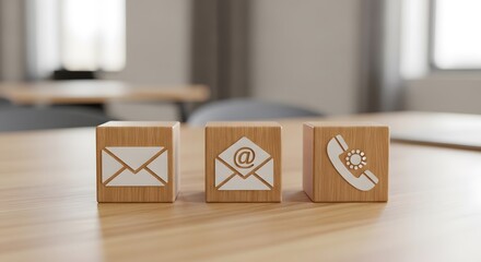 Three Wooden Blocks Displaying Contact Information Including Email at Symbol and Telephone for Communication and Outreach
