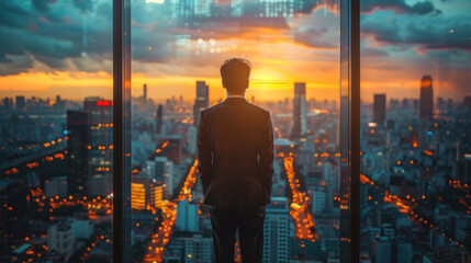 City Vision: Executive surveys the urban landscape from a high-rise office, blending ambition with skyline.