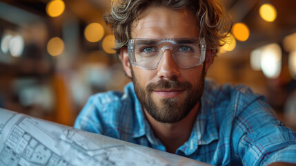 Focused Worker with Blueprint: A portrait of concentration, detail, and architectural innovation.