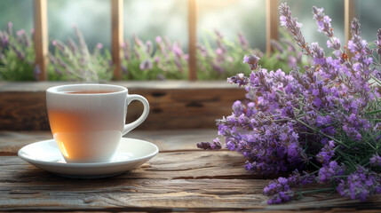 Steaming tea and lavender flowers provide a calming atmosphere and soothing scene on a sunny morning.
