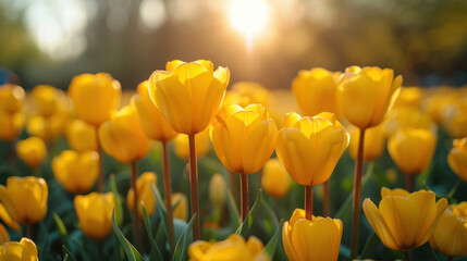 Field of vibrant yellow flowers bathed in golden sunlight, capturing the essence of spring blooming.