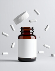 A brown glass pill bottle with a blank white label and levitating capsules on a grey background.