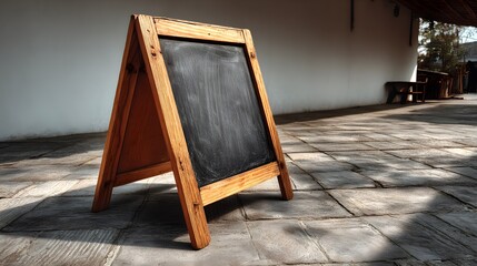 A-frame chalkboard sign stands on a stone surface outdoors in sunlight.