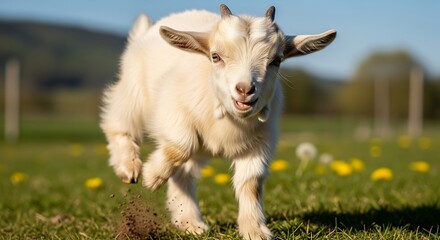 Obraz premium Cute Baby Goat Running and Jumping in a Green Field on a Sunny Day