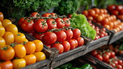 Fresh vegetables and tomatoes are on display at a local market. Healthy food choices and colorful produce.