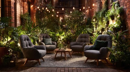 Cozy outdoor seating area featuring stylish armchairs surrounded by lush greenery and soft string lights in a charming environment