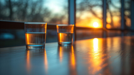 Two glasses of water sit on a table bathed in the warm glow of a setting sun, creating a serene ambiance.