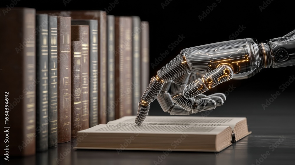 Aufkleber robotic hand reaching for a book on a library shelf in a futuristic setting