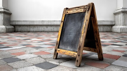 A-frame chalkboard stands on a tiled floor indoors near a wall.