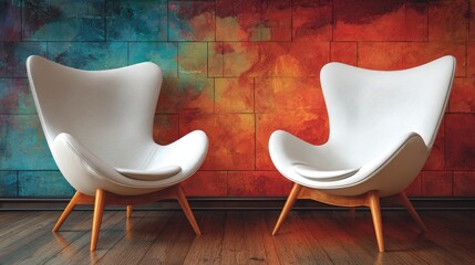 Modern Stylish Chairs in Bright Colorful Room with Abstract Wall Design and Wooden Floor
