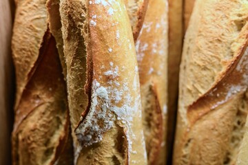 Baguettes artisanales sur un étal de boulanger, croustillante pour des sandwichs, saucer 