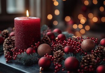 Festive decor with candle and ornaments for holiday season.