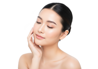 Beautiful young asian woman with healthy glowing skin, touching her face gently, isolated on transparent background