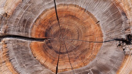 Close-up of an aged tree trunk cross-section with visible growth rings and deep radial cracks, showcasing natural wood texture, time passage, organic patterns for nature, aging, environmental concepts