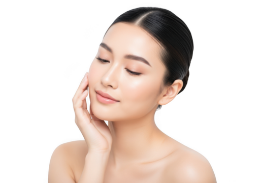Beautiful young asian woman with healthy glowing skin, touching her face gently, isolated on transparent background