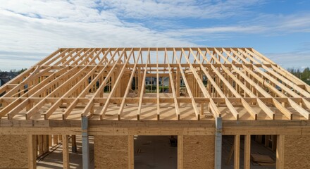 House under construction showcasing the wooden framework against a blue sky Building New Home
