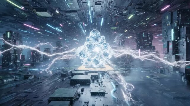 Quantum Core Activation: Blazing Data Flow in a Hyper-Connected Digital Metropolis, Symbolizing AI Power & Future Innovation