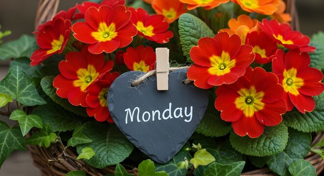 Closeup of a basket filled with vibrant red and orange primrose flowers, with a heartshaped slate sign saying monday hanging in the center - Powered by Adobe