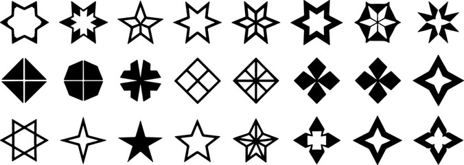 Collection of geometric and star shaped abstract decorative elements silhouette