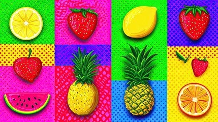 Colorful pop art style collage showcasing various fruits, vibrant and playful