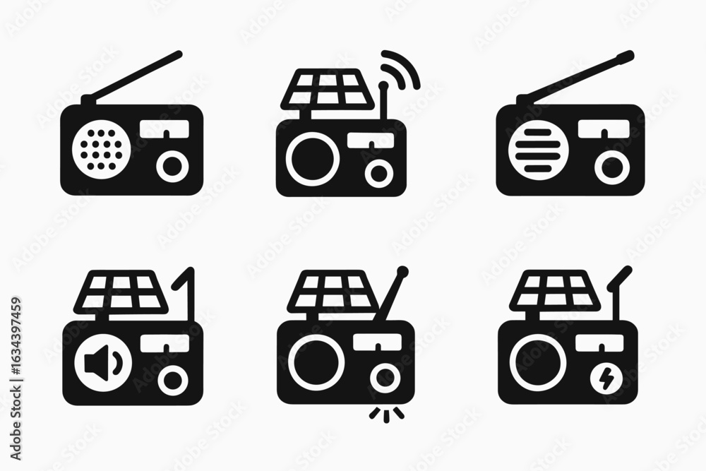 Poster black silhouette icons of radios with various features displayed on a transparent background