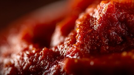 Close-up macro texture of thick and rich tomato paste with vibrant red color, showing smooth, fresh, concentrated culinary surface perfect for food background, cooking concept and kitchen design use