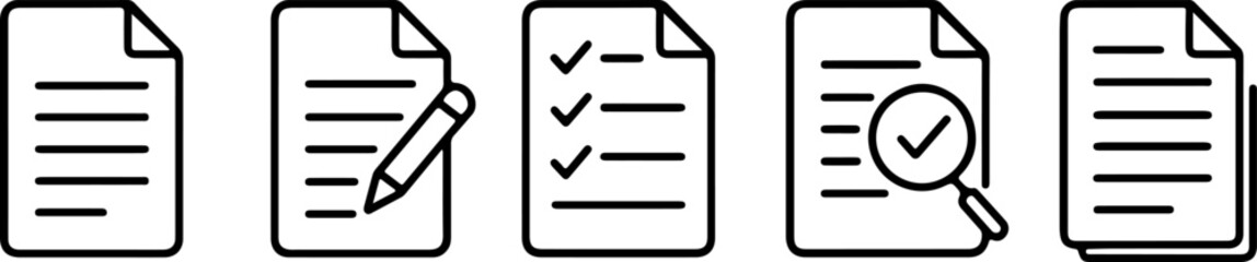 Five stylized document icons showing checkmarks and a magnifying glass silhouette