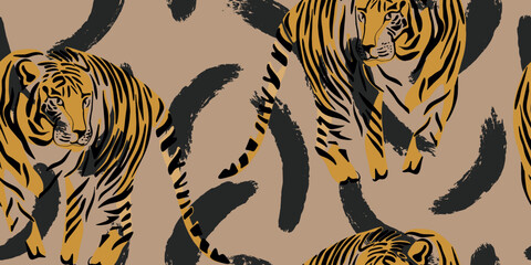 Tiger art on beige seamless pattern