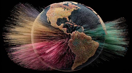 Colorful 3D Representation of Planet Earth with Dynamic Light Effects and Radiating Lines Illustrating Global Connectivity