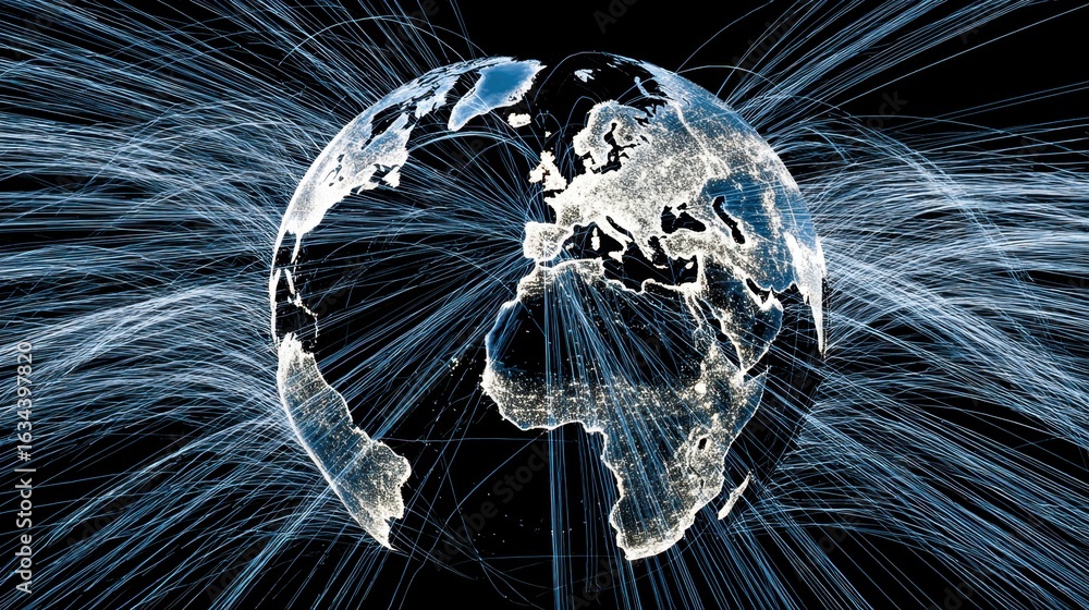 Poster digital representation of earth with dynamic lines and light trails depicting connectivity and globa