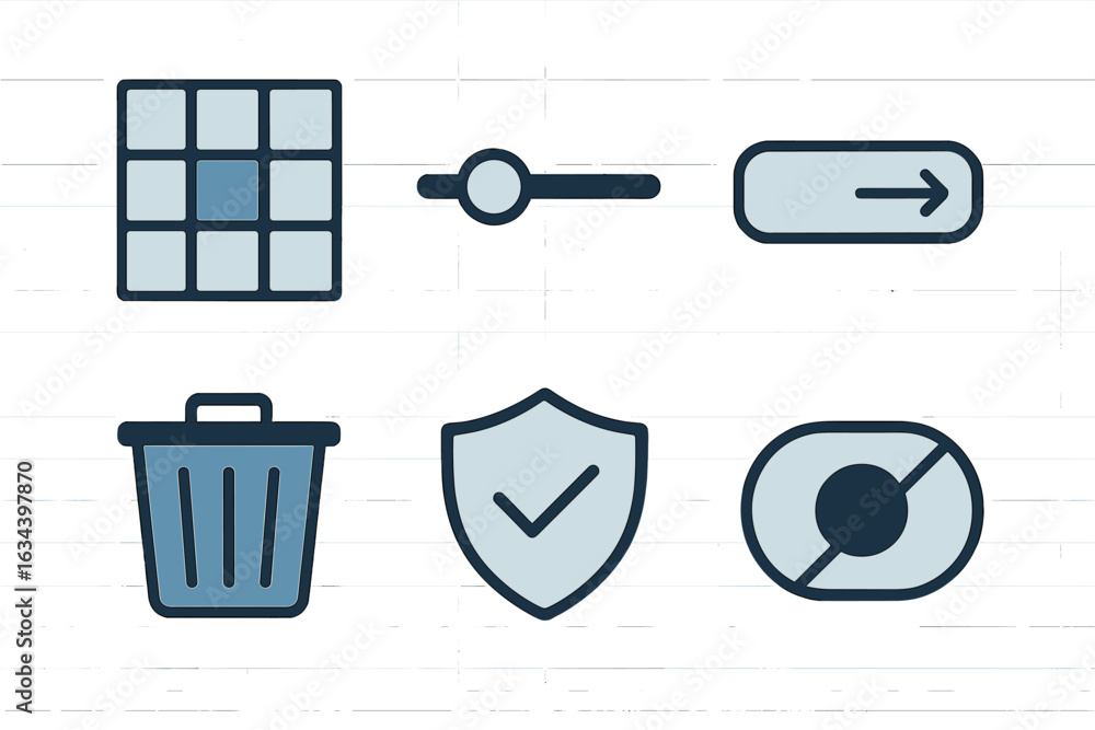 Poster icons representing various digital functions such as settings, navigation, and deletion in a simple,