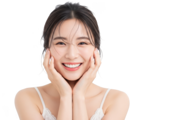 Beautiful young asian woman smiling with hands touching her cheeks, isolated on transparent background