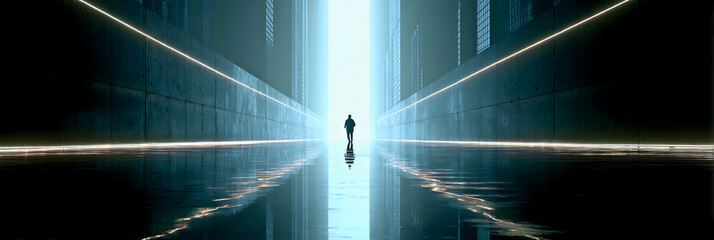 Lone silhouette stands at the end of a glowing futuristic tunnel with digital reflections on wet floor