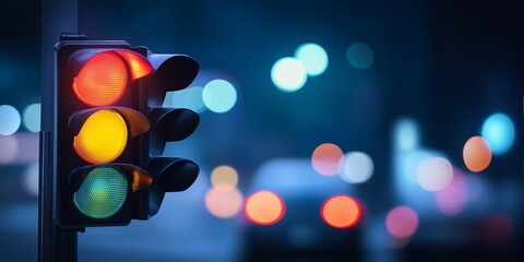 Close-up view of traffic lights displaying red, yellow, and green signals against a blurred urban background. Ideal for themes of safety, navigation, and city life in advertising.