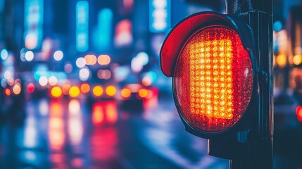 Close-up of a red traffic light glowing in a vibrant night city. The blurred background features colorful lights for dynamic urban atmosphere ideal for transportation, safety, or city life themes.
