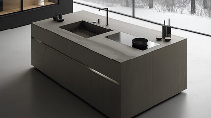 A sleek, light modern kitchen viewed from above, featuring minimalist design elements, clean lines, and a spacious layout. Ideal for home decor, interior design, and lifestyle advertising.